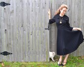 Black Talmack New York Dress Vintage 1940s Haute Couture Fashion Wednesday Addams Peter Pan Collar Tea Length Pleat NYC Designer Collectible