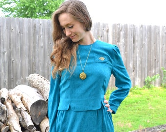 Filigree Gold & Teal Dress Vintage 1970s Leslie Fay Floral Turquoise Blue Brocade Puff Button Sleeves Mock Two Piece Faux Pocket Size 8 Midi