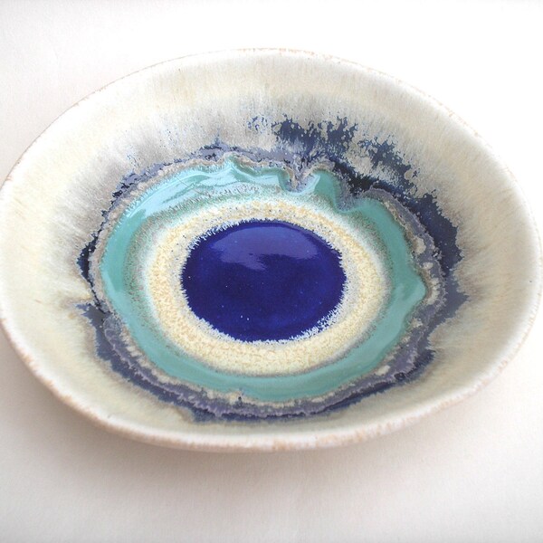 Ceramic Pottery Bowl Dish: Handmade stoneware pottery small dish in Indigo blue and turquoise