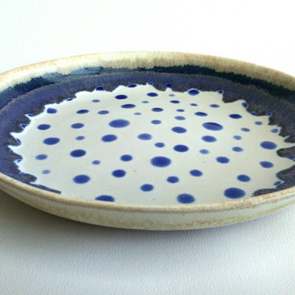 Ceramic Pottery Bowl Dish: Handmade stoneware pottery shallow dish indigo spotty dotty