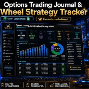 May include: A digital options trading journal and wheel strategy tracker displayed on a computer monitor, featuring a dashboard with financial charts, performance metrics, and open positions. A black mug with the Wheel Edge logo sits nearby.