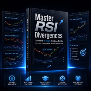 Puede incluir: Un libro negro titulado Master RSI Divergences Complete 15-Page Trading Guide con detalles en azul. La portada muestra gráficos bursátiles y texto. El libro está flanqueado por dos paneles con ejemplos de trading y una fila de iconos.