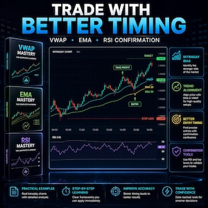 May include: A digital educational graphic titled TRADE WITH BETTER TIMING featuring VWAP, EMA, and RSI indicators. It displays an intraday trading chart with entry, take profit, and stop loss markers, alongside three mastery playbooks and icons.