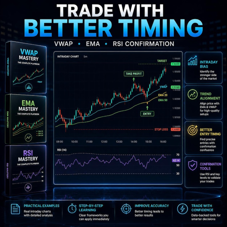 May include: A digital educational graphic titled TRADE WITH BETTER TIMING featuring VWAP, EMA, and RSI indicators. It displays an intraday trading chart with entry, take profit, and stop loss markers, alongside three mastery playbooks and icons.
