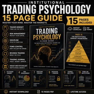 Puede incluir: Imagen promocional de "Psicología del trading institucional", una guía de 15 páginas. La portada presenta el título en letras grandes y en negrita, con texto de apoyo debajo. Gráficos y texto adicionales resaltan conceptos clave y beneficios.
