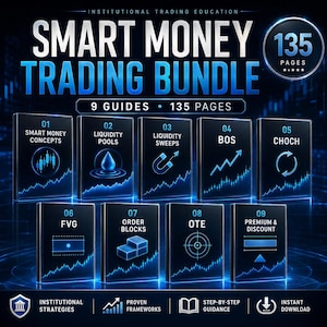Könnte beinhalten: Ein digitales Bildungsprodukt mit dem Titel Smart Money Trading Bundle, das 9 Leitfäden und 135 Seiten umfasst. Die Grafik zeigt neun einzelne Buchcover mit blauen Neon-Symbolen und Textbeschriftungen, darunter Smart Money Concepts, Liquidity Pools, Liquidity Sweeps, BOS, CHOCH, FVG, Order Blocks, OTE und Premium & Discount.
