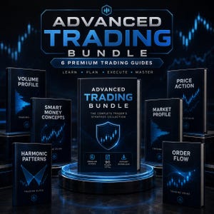 以下が含まれることがあります： Advanced Trading Bundleと題された6冊の濃紺の書籍セット。白い文字と光る青い金融チャートが特徴です。中央の書籍の表紙には、6 Premium Guides、90 Pages Total、Instant Downloadというテキストが記載されています。