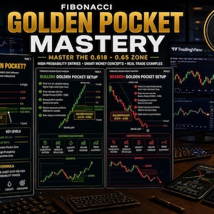 Pode incluir: Um guia educacional de 15 páginas intitulado Fibonacci Golden Pocket Mastery, com gráficos e texto explicando a zona de retração de 0,618 a 0,65. O documento inclui exemplos de configurações de alta e baixa, estrutura de mercado e conceitos.