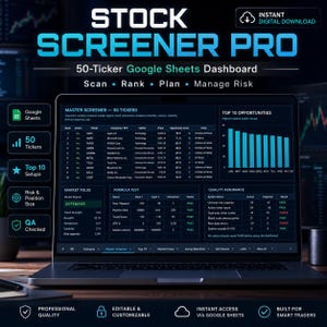 Może przedstawiać: Ekran laptopa wyświetlający pulpit nawigacyjny Stock Screener Pro 50-Ticker w Google Sheets. Interfejs zawiera główną tabelę screenera, wykres słupkowy 10 najlepszych okazji, wskaźniki rynkowe, sekcję testowania formuł oraz dane kontroli jakości.