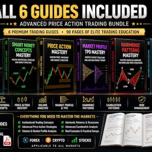 Peut inclure: Un ensemble éducatif de trading numérique comprenant six guides noirs intitulés Volume Profile, Smart Money Concepts, Price Action, Market Profile, Harmonic Patterns et Advanced Candlestick Patterns, avec un livre ouvert montrant des graphiques.