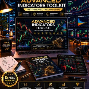 May include: A laptop, tablet, and book titled "Advanced Indicators Toolkit" are displayed, showcasing financial trading data. The image includes a notepad, pen, and a mug with the text "Trade with plan not emotion."