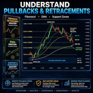 May include: An educational infographic titled UNDERSTAND PULLBACKS & RETRACEMENTS featuring three guidebooks labelled Fibonacci Retracement Mastery, EMA Mastery, and Support & Resistance Mastery alongside a candlestick chart showing EMA lines.