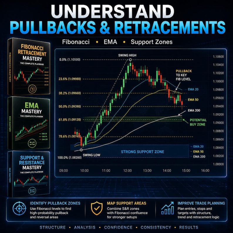 May include: An educational infographic titled UNDERSTAND PULLBACKS & RETRACEMENTS featuring three guidebooks labelled Fibonacci Retracement Mastery, EMA Mastery, and Support & Resistance Mastery alongside a candlestick chart showing EMA lines.