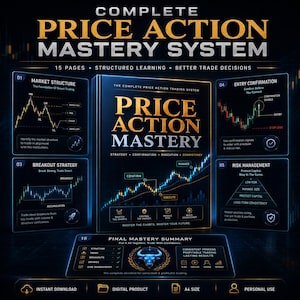 May include: A digital guide titled Complete Price Action Mastery System featuring 15 pages of structured trading content. The cover displays the text Price Action Mastery with charts, market structure diagrams, breakout strategies, and risk management.
