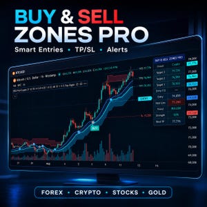 May include: A computer monitor displaying the Buy & Sell Zones Pro trading software interface. The screen shows a Bitcoin price chart with technical indicators, buy and sell signals, and a data panel with target levels, stop loss, and trend strength.