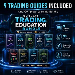 Peut inclure: Un ensemble éducatif numérique comprenant 9 guides de trading et 96 pages PDF. Le graphique affiche des titres tels que RSI, MACD, EMA, Bollinger Bands, Support & Resistance, Candlestick Patterns, Breakout & Retest, VWAP et Fibonacci Retracement.