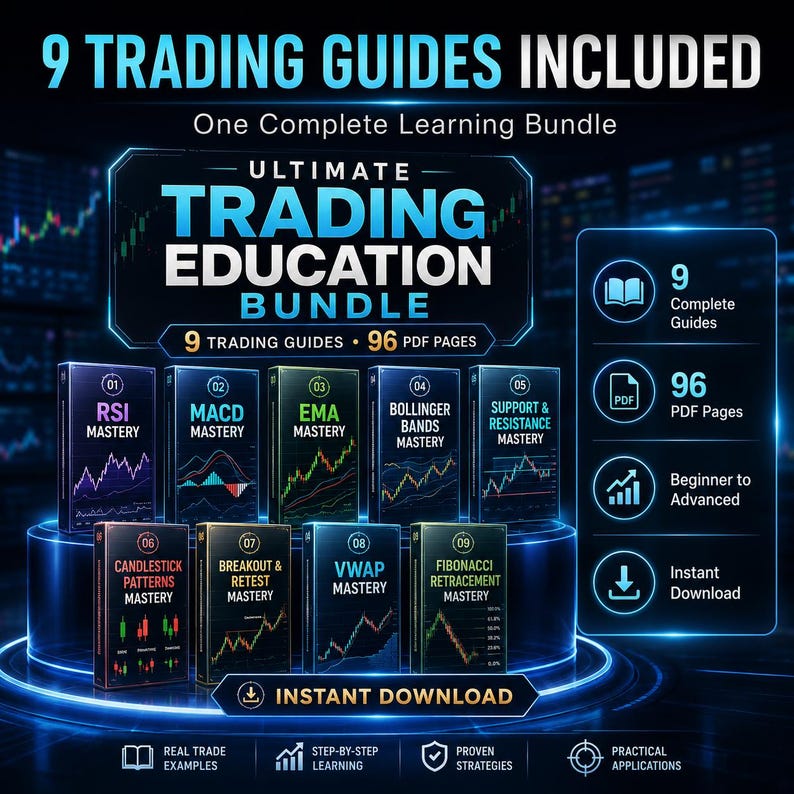 May include: A digital learning bundle featuring 9 trading guides and 96 PDF pages. The graphic displays titles including RSI, MACD, EMA, Bollinger Bands, Support & Resistance, Candlestick Patterns, Breakout & Retest, VWAP, and Fibonacci Retracement Mastery.