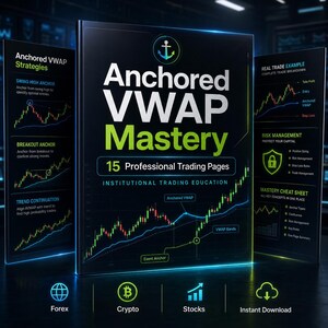 May include: A black educational book titled Anchored VWAP Mastery with 15 Professional Trading Pages, featuring white and green text, an anchor icon, and financial stock market charts. The cover displays technical trading concepts and data.