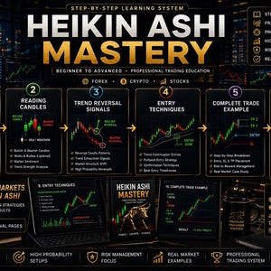May include: A 15-page Heikin Ashi Mastery trading education guide featuring a step-by-step learning system for Forex, crypto, and stocks. The document includes charts, candle reading, trend reversal signals, entry techniques, and a mastery cheat sheet.