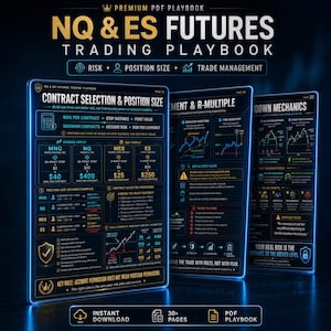 May include: A digital PDF playbook titled NQ & ES Futures Trading Playbook, featuring three pages with dark backgrounds and neon blue and gold text. The content includes charts, risk management formulas, contract selection frameworks, and trading rules.
