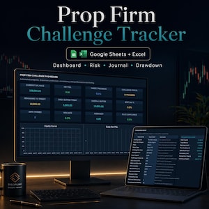 May include: A digital Prop Firm Challenge Tracker for Google Sheets and Excel displayed on a computer monitor and tablet. The screen shows a dashboard with metrics like current balance, net P&L, target progress, and an equity curve chart.