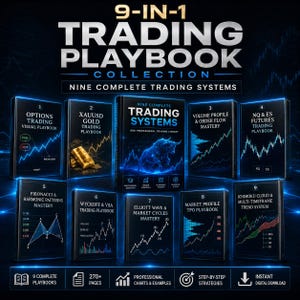 Könnte beinhalten: Eine 9-in-1 Trading-Playbook-Sammlung mit neun digitalen Büchern mit blauen Neon-Umrissen auf dunklem Hintergrund. Das zentrale Buch zeigt eine Bullengrafik und den Text Nine Complete Trading Systems, umgeben von acht weiteren Anleitungen.