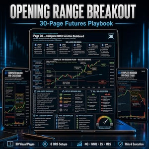 Peut inclure: Un manuel de 30 pages sur les contrats à terme intitulé Opening Range Breakout affiché sur un écran d'ordinateur portable et deux appareils mobiles. Les écrans présentent des graphiques boursiers, des diagrammes et des tableaux de bord.