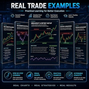 May include: A digital educational graphic titled REAL TRADE EXAMPLES featuring five vertical panels displaying financial trading charts, technical analysis setups, and instructional text on EMA, RSI, support, resistance, and Fibonacci retracement.