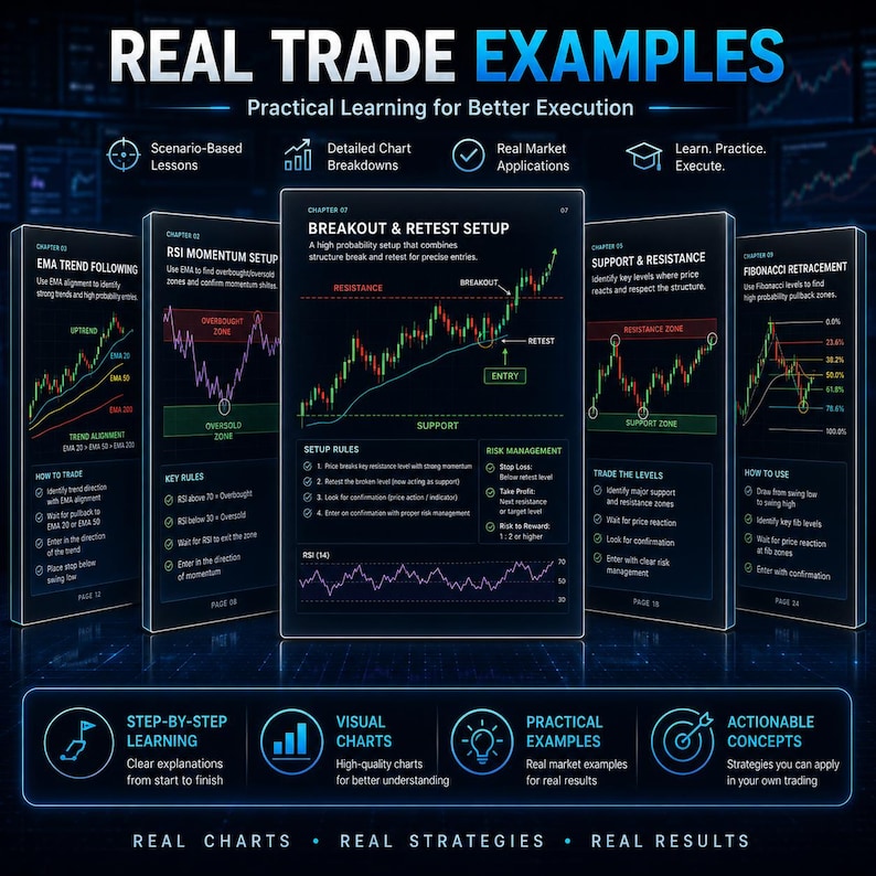 May include: A digital educational graphic titled REAL TRADE EXAMPLES featuring five vertical panels displaying financial trading charts, technical analysis setups, and instructional text on EMA, RSI, support, resistance, and Fibonacci retracement.