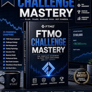 May include: A black book titled FTMO Challenge Mastery with a blue glowing logo and text. The cover features the subtitle The Complete Blueprint to Pass Your Challenge and Get Funded, with icons for clear plan, manage risk, strong mindset, and get funded.