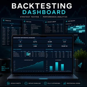 May include: A digital backtesting dashboard displayed on a laptop screen, featuring dark blue charts, tables, and performance metrics. The interface includes sections for trade logs, test plans, strategy libraries, and deep analysis with cyan accents.