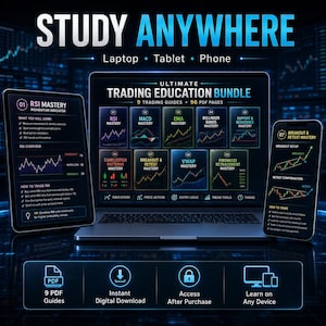 May include: A digital trading education bundle displayed on a laptop, tablet, and smartphone. The screens show nine trading guides, including RSI, MACD, and EMA mastery, with charts and text. The interface features a dark theme with blue accents.