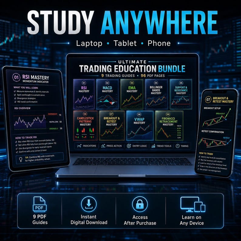 May include: A digital trading education bundle displayed on a laptop, tablet, and smartphone. The screens show nine trading guides, including RSI, MACD, and EMA mastery, with charts and text. The interface features a dark theme with blue accents.