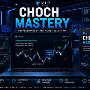 Op de afbeelding: Een digitaal educatief product genaamd CHOCH MASTERY met een laptopscherm waarop financiële marktgrafieken, handelsconcepten en technische analysediagrammen worden weergegeven. De set bevat een gids van 15 pagina's met tekst, grafieken en professionele smart money educatie-inhoud.