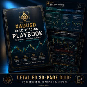 Może przedstawiać: Ciemnoniebieska książka zatytułowana XAUUSD GOLD TRADING PLAYBOOK ze złotym tekstem i wykresem świecowym. Obok znajdują się dwa arkusze informacyjne przedstawiające ramy płynności i mapę sesji z technicznymi danymi handlowymi.
