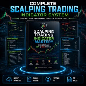 May include: A digital guide titled Scalping Trading Indicator Mastery with 20 pages of structured learning. The cover features a candlestick chart, a shield icon, and text detailing buy and sell signals, risk management, and trading checklists.