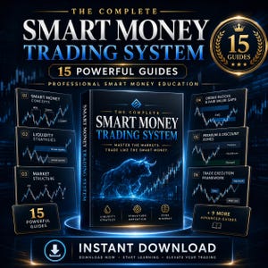 May include: A digital product titled The Complete Smart Money Trading System featuring 15 guides. The cover displays a blue bull graphic, market charts, and text including Liquidity Strategy, Structure Execution, and Edge Mindset. Includes an instant download button.
