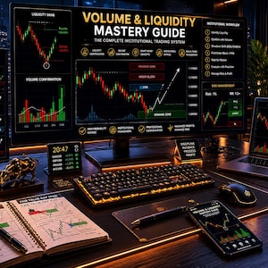 May include: A desk setup with multiple computer screens displaying financial charts and graphs. The main screen shows "VOLUME & LIQUIDITY MASTERY GUIDE". A laptop, smartphone, and notebook are also present, along with a coffee cup and a bull statue.