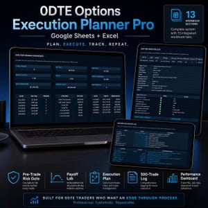 May include: A digital trading tool titled ODTE Options Execution Planner Pro for Google Sheets and Excel. The display shows a performance dashboard, a pre-trade risk gate, and a payoff lab on a laptop and two tablets with dark blue interfaces.