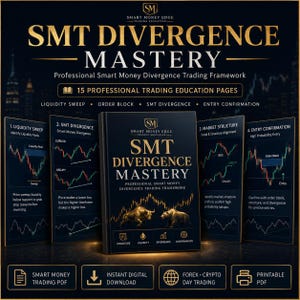 Può includere: Una guida educativa blu scuro intitolata SMT DIVERGENCE MASTERY con testo dorato e grafiche di un toro e un orso. Il documento include 15 pagine su liquidità, blocchi d'ordine, struttura di mercato e conferma di ingresso nel trading.