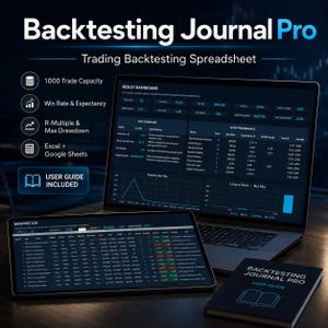 May include: Backtesting Journal Pro trading backtesting spreadsheet displayed on a laptop and tablet screen. The interface shows a result dashboard, edge scorecard, setup performance, and backtest log. A printed user guide is included in the set.