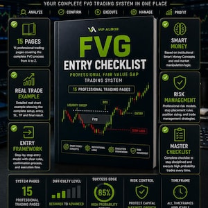 May include: A black book titled FVG Entry Checklist with green text and a candlestick chart graphic. The surrounding layout displays features like 15 professional trading pages, smart money concepts, risk management, and a master checklist for traders.