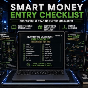May include: A digital trading guide titled Smart Money Entry Checklist displayed on a laptop screen and multiple tablets. The dark-themed interface features green text, technical charts, and a list of professional execution steps for traders.