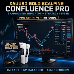 May include: A computer monitor displaying a XAUUSD Gold Scalping Confluence Pro trading chart with technical indicators, alongside a printed PDF guide. The screen shows market data, sell signals, and a bearish trend. Text includes 1M FAST, 5M BALANCED, 15M PRECISION.