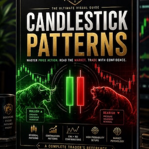 May include: A book titled "Candlestick Patterns" with a black cover and gold lettering. The cover features a green bull and a red bear, representing bullish and bearish market trends. The book is a complete trader's reference.