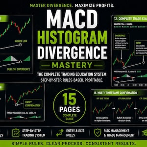 Puede incluir: Una guía educativa de 15 páginas titulada MACD Histogram Divergence Mastery, con fondos negros y texto en verde y blanco. Incluye gráficos de trading financiero, listas de verificación y diagramas que explican la divergencia alcista y ejemplos de operaciones.