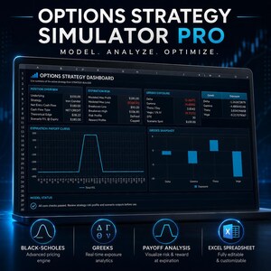 May include: A digital display showing the Options Strategy Simulator Pro dashboard with financial data, including a position overview, expiration risk, Greeks exposure, an expiration payoff curve, and a Greeks snapshot chart on a dark background.
