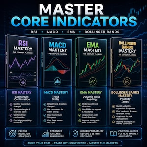 May include: Four educational books titled Master Core Indicators, RSI Mastery, MACD Mastery, EMA Mastery, and Bollinger Bands Mastery. Each cover displays technical trading charts and graphs. The text outlines strategies for momentum, trends, and volatility.