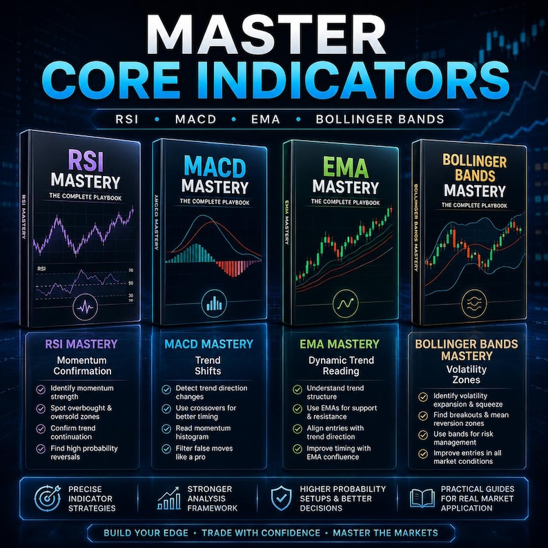 May include: Four educational books titled Master Core Indicators, RSI Mastery, MACD Mastery, EMA Mastery, and Bollinger Bands Mastery. Each cover displays technical trading charts and graphs. The text outlines strategies for momentum, trends, and volatility.