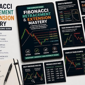 May include: A digital tablet displaying a guide titled Fibonacci Retracement & Extension Mastery, surrounded by several black cards showing trading charts, data tables, and the text Plan Your Trade, Trade Your Plan, Review Your Results.